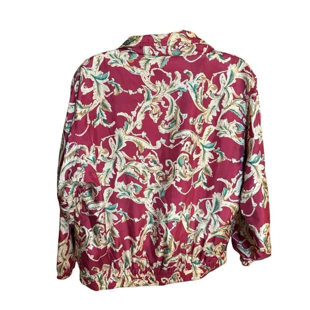 EVR DIV Rousso Apparel Vintage 100% Silk Women's Bomber Jacket Leaves Tan Red Sz